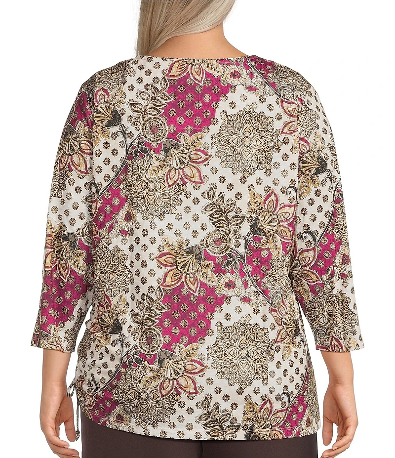 Allison Daley Plus Batik Floral Print 3/4 Sleeve Crew Neck Knot Hem Top