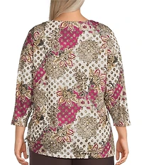 Allison Daley Plus Batik Floral Print 3/4 Sleeve Crew Neck Knot Hem Top