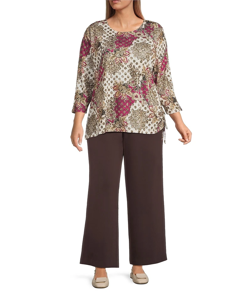 Allison Daley Plus Batik Floral Print 3/4 Sleeve Crew Neck Knot Hem Top