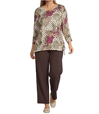 Allison Daley Plus Batik Floral Print 3/4 Sleeve Crew Neck Knot Hem Top
