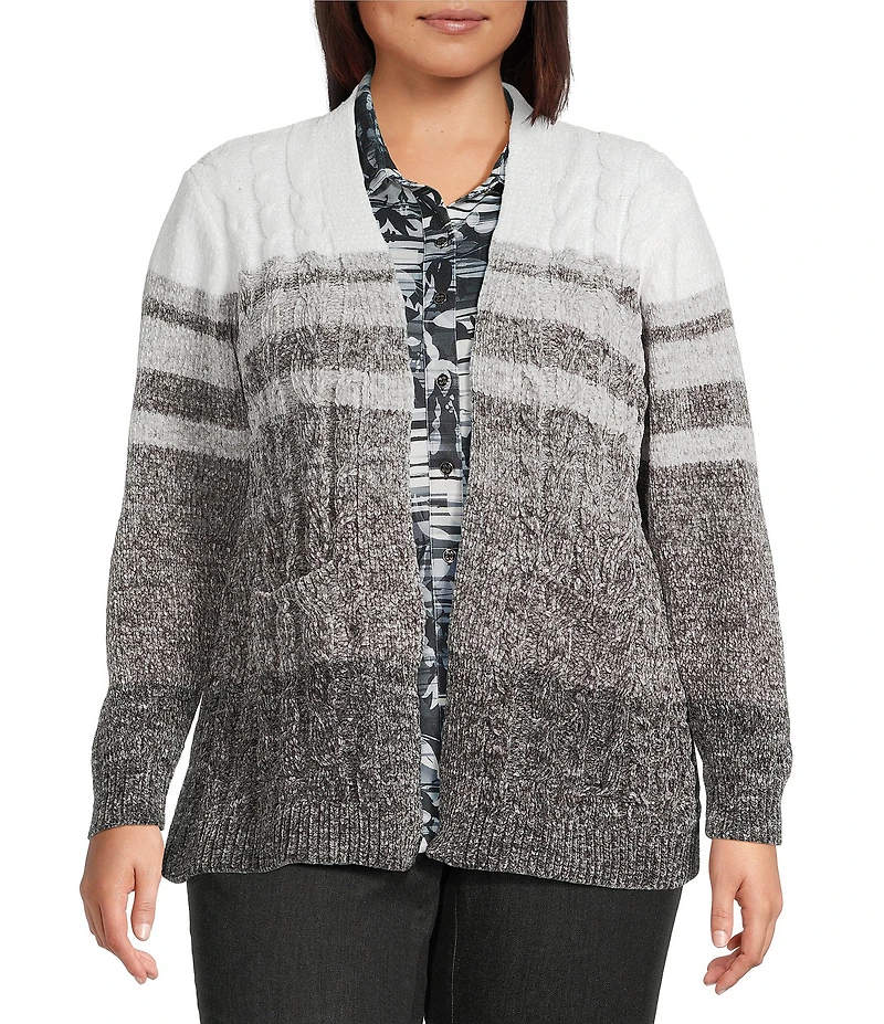 Allison Daley Plus Black Snow White Long Sleeve Open-Front Gradience Stripe Cardigan