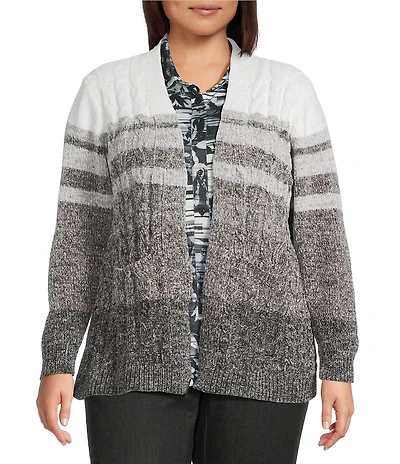 Allison Daley Plus Black Snow White Long Sleeve Open-Front Gradience Stripe Cardigan