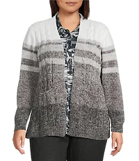 Allison Daley Plus Black Snow White Long Sleeve Open-Front Gradience Stripe Cardigan