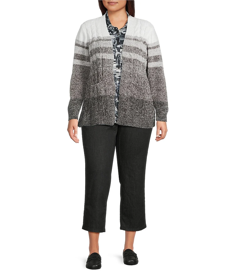 Allison Daley Plus Black Snow White Long Sleeve Open-Front Gradience Stripe Cardigan