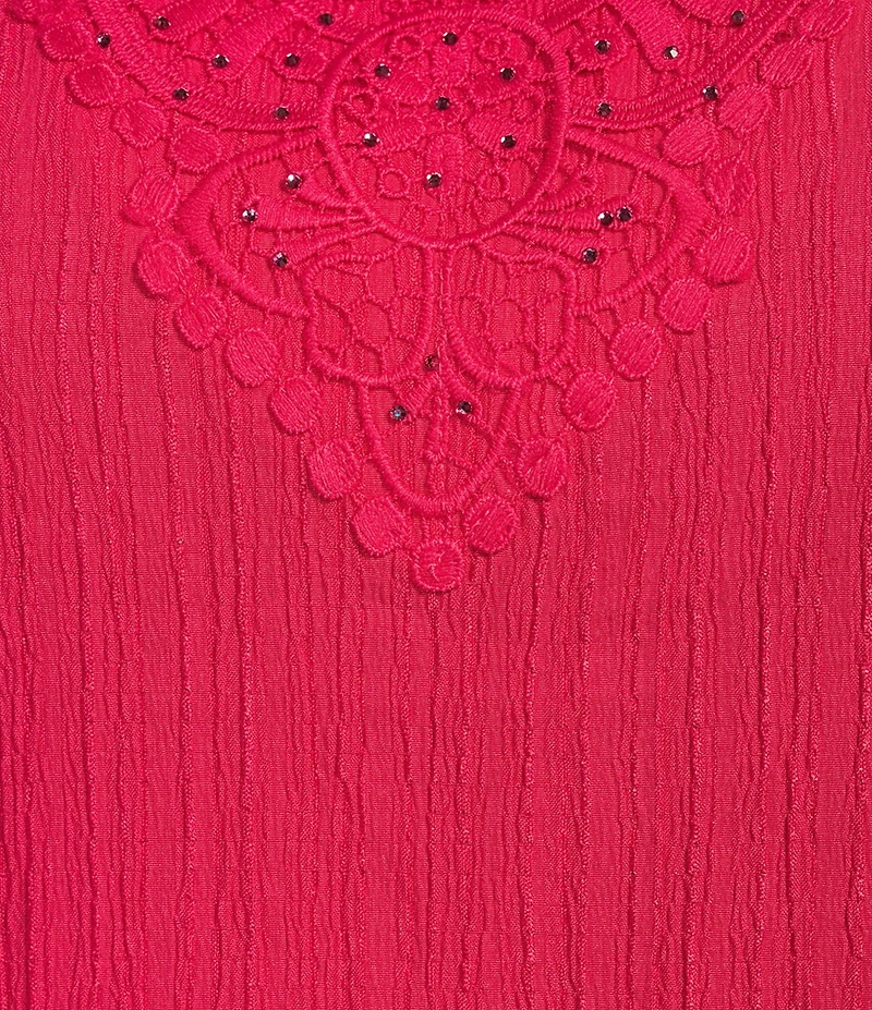 Allison Daley Plus Embellished Applique Split Round Neck 3/4 Ruched Sleeve Woven Top