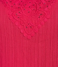 Allison Daley Plus Embellished Applique Split Round Neck 3/4 Ruched Sleeve Woven Top