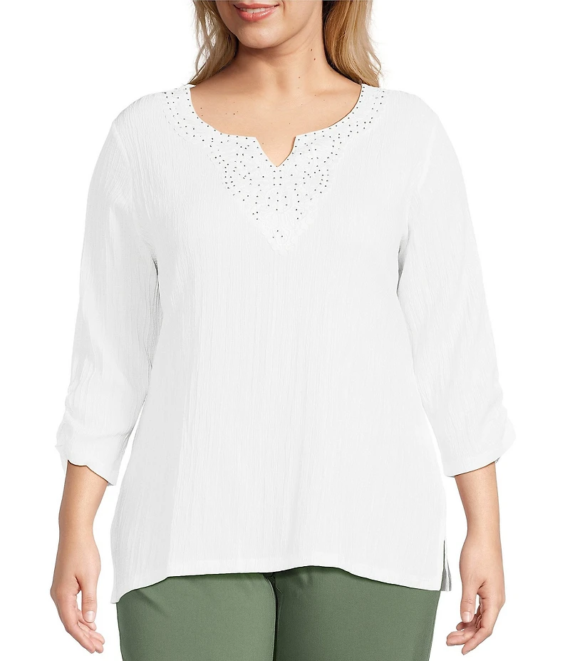Allison Daley Plus Embellished Applique Split Round Neck 3/4 Ruched Sleeve Woven Top