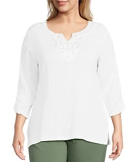 Allison Daley Plus Embellished Applique Split Round Neck 3/4 Ruched Sleeve Woven Top