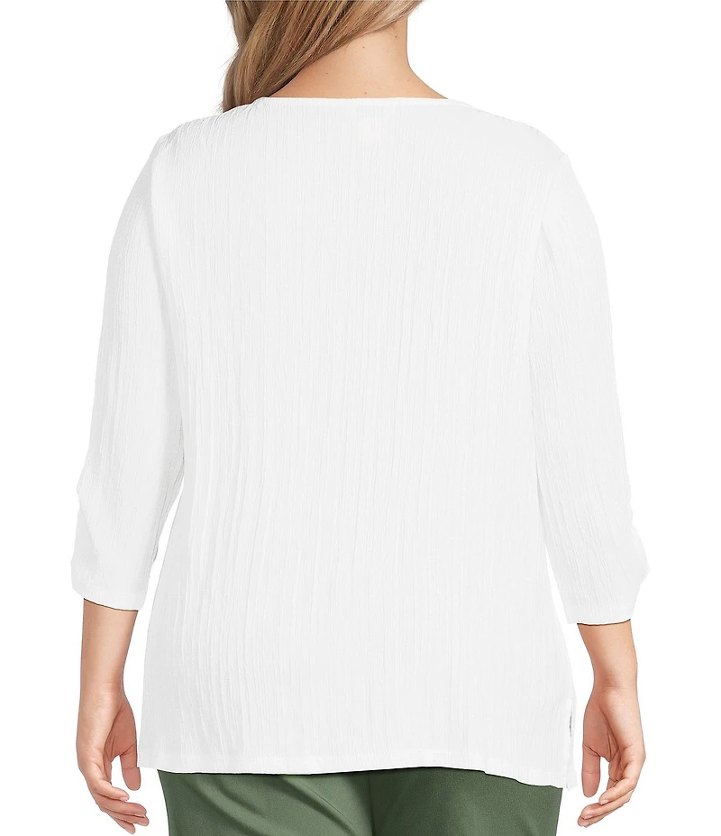 Allison Daley Plus Embellished Applique Split Round Neck 3/4 Ruched Sleeve Woven Top
