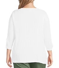 Allison Daley Plus Embellished Applique Split Round Neck 3/4 Ruched Sleeve Woven Top