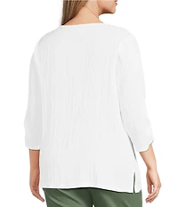 Allison Daley Plus Embellished Applique Split Round Neck 3/4 Ruched Sleeve Woven Top
