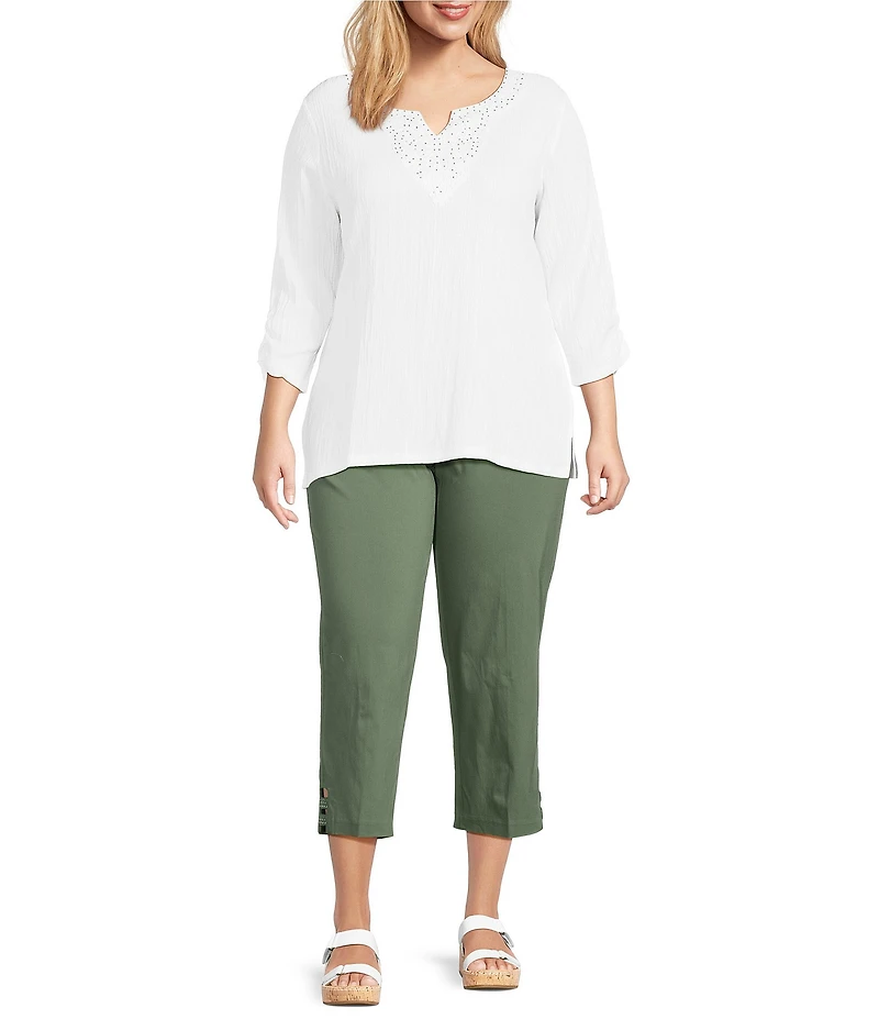 Allison Daley Plus Embellished Applique Split Round Neck 3/4 Ruched Sleeve Woven Top