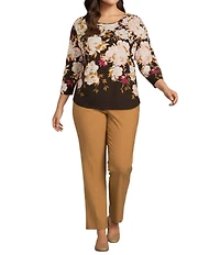 Allison Daley Plus Espresso Botanic Rose Cascade Print Long Sleeve Crew Neck Knit Top