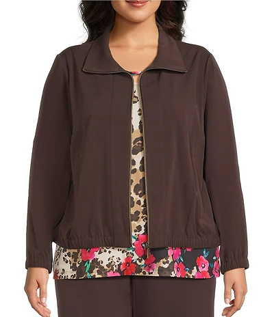 Allison Daley Plus Espresso Long Sleeve Point Collar Zipper Front Jacket