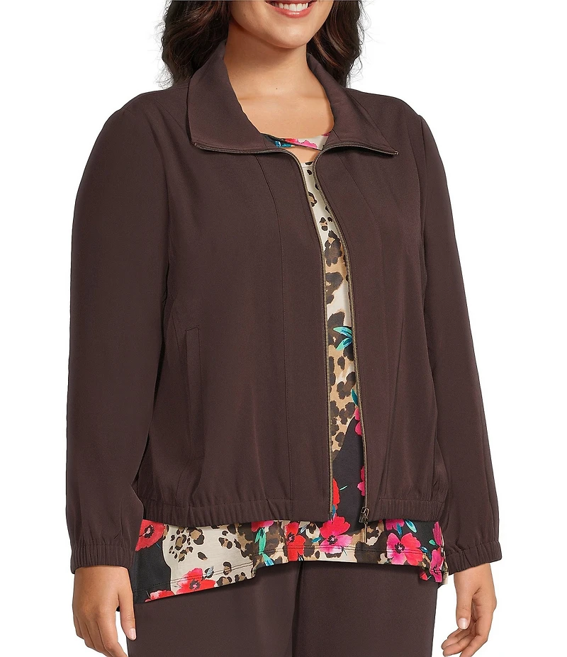 Allison Daley Plus Espresso Long Sleeve Point Collar Zipper Front Jacket