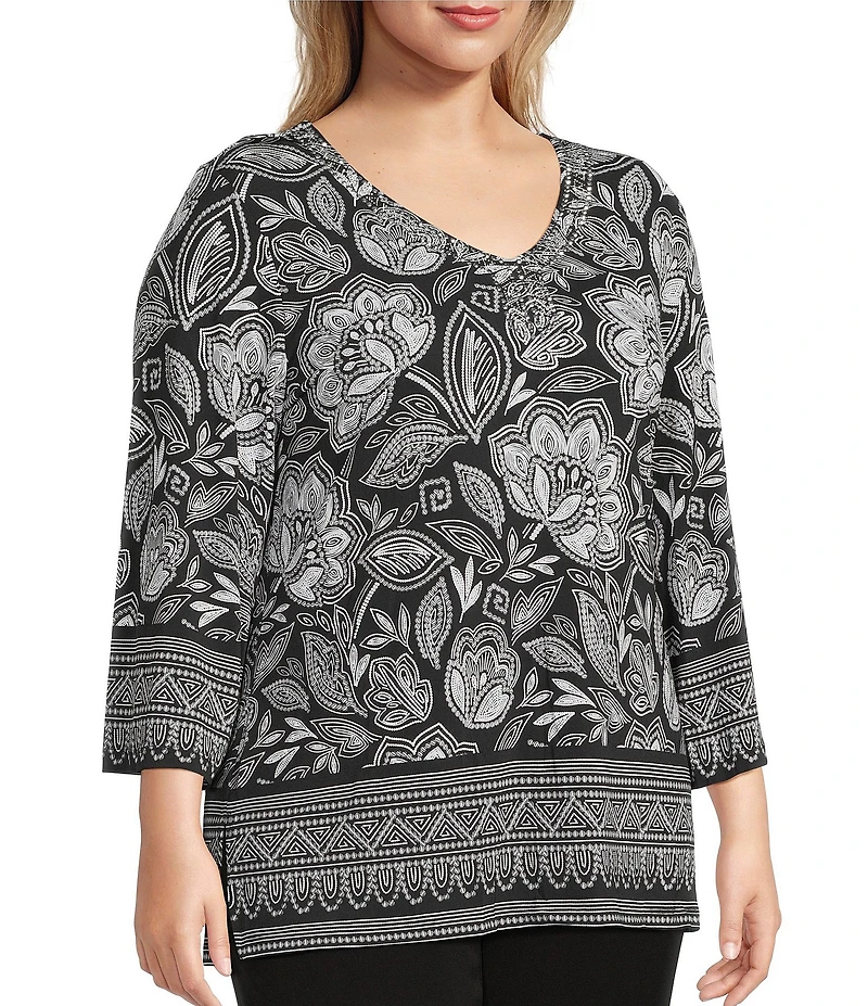 Allison Daley Plus Floral Beading 3/4 Sleeve V-Neck Knit Top