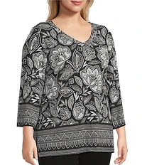 Allison Daley Plus Floral Beading 3/4 Sleeve V-Neck Knit Top