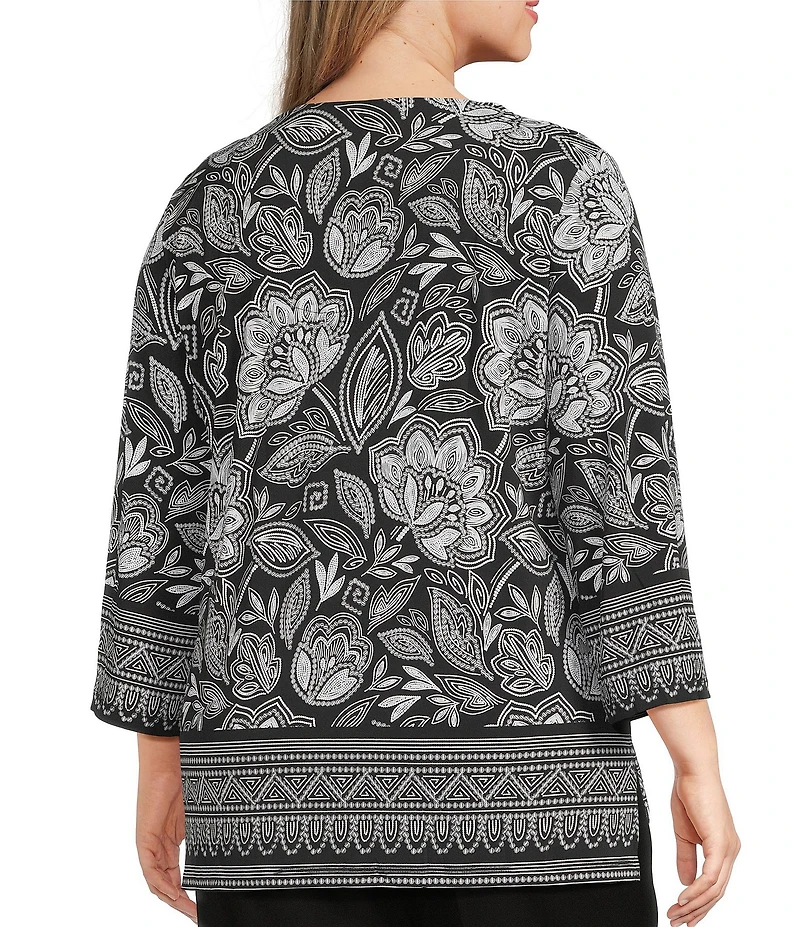 Allison Daley Plus Floral Beading 3/4 Sleeve V-Neck Knit Top