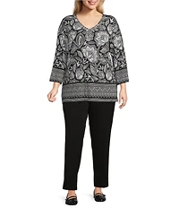 Allison Daley Plus Floral Beading 3/4 Sleeve V-Neck Knit Top