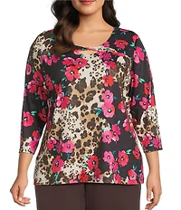 Allison Daley Plus Safari Floral Print 3/4 Sleeve Keyhole Neck Knit Top