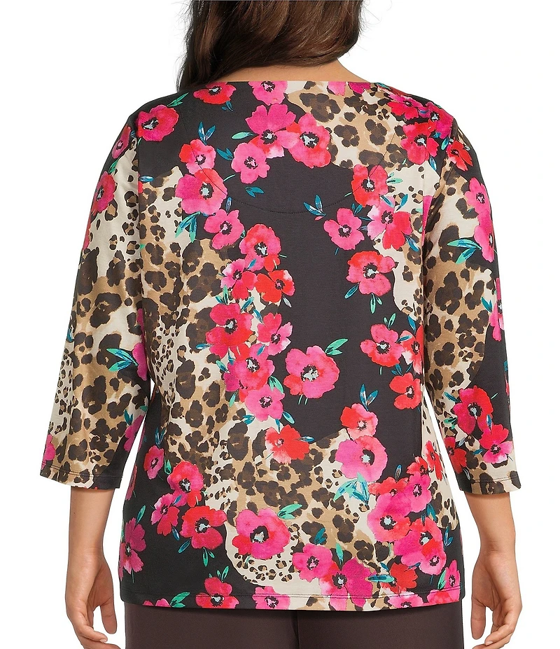 Allison Daley Plus Safari Floral Print 3/4 Sleeve Keyhole Neck Knit Top