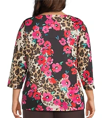 Allison Daley Plus Safari Floral Print 3/4 Sleeve Keyhole Neck Knit Top