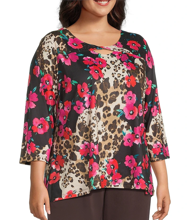 Allison Daley Plus Safari Floral Print 3/4 Sleeve Keyhole Neck Knit Top