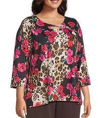 Allison Daley Plus Safari Floral Print 3/4 Sleeve Keyhole Neck Knit Top