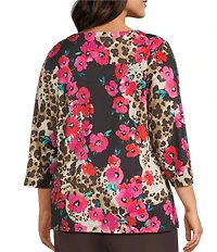 Allison Daley Plus Safari Floral Print 3/4 Sleeve Keyhole Neck Knit Top