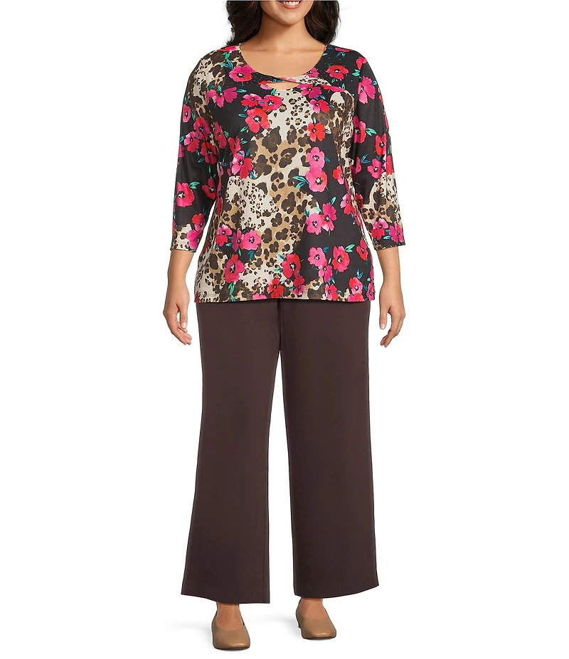 Allison Daley Plus Safari Floral Print 3/4 Sleeve Keyhole Neck Knit Top