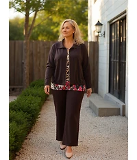 Allison Daley Plus Safari Floral Print 3/4 Sleeve Keyhole Neck Knit Top