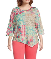 Allison Daley Plus Size Spring Patchwork 3/4 Sleeve Keyhole Neck Asymmetric Hem Knit Top