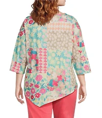 Allison Daley Plus Size Spring Patchwork 3/4 Sleeve Keyhole Neck Asymmetric Hem Knit Top