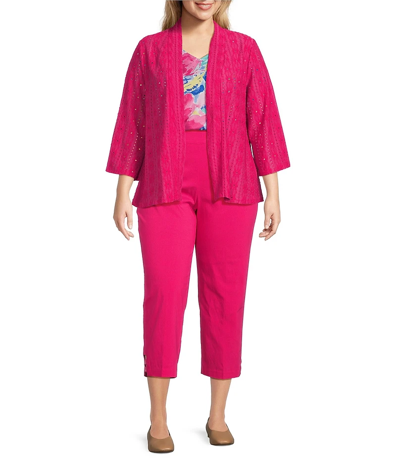Allison Daley Plus Size 3/4 Sleeve Open-Front Eyelet Knit Cardigan
