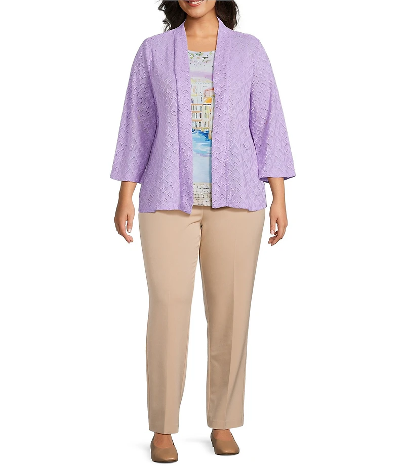 Allison Daley Plus Size 3/4 Sleeve Open Front Pointelle Cardigan