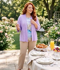 Allison Daley Plus Size 3/4 Sleeve Open Front Pointelle Cardigan