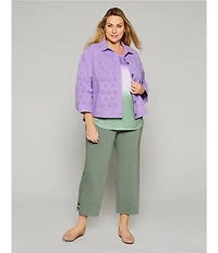 Allison Daley Plus Size 3/4 Sleeve Point Collar Button Front Eyelet Jacket