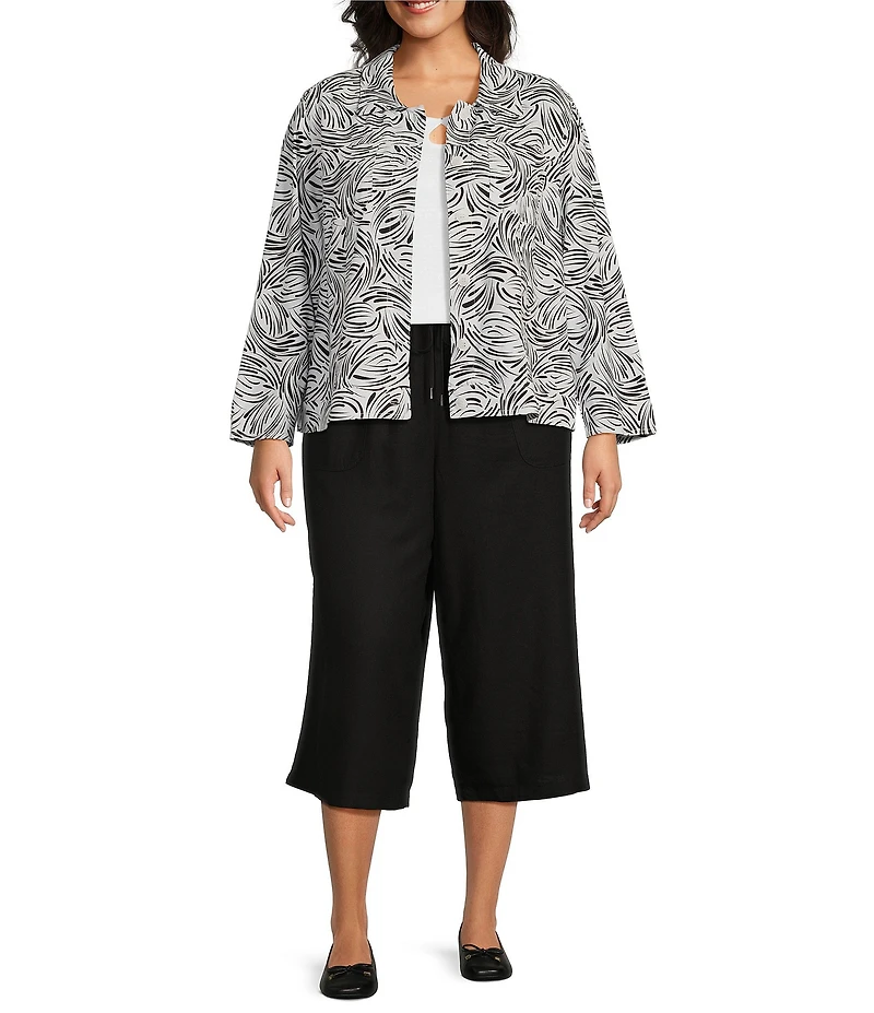 Allison Daley Plus Size 3/4 Sleeve Point Collar Button Front Linen Blend Jacket
