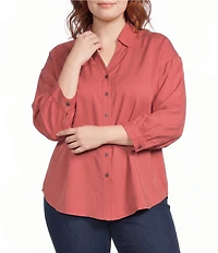 Allison Daley Plus Size 3/4 Sleeve Point Collar Y-Neck Button Front Top
