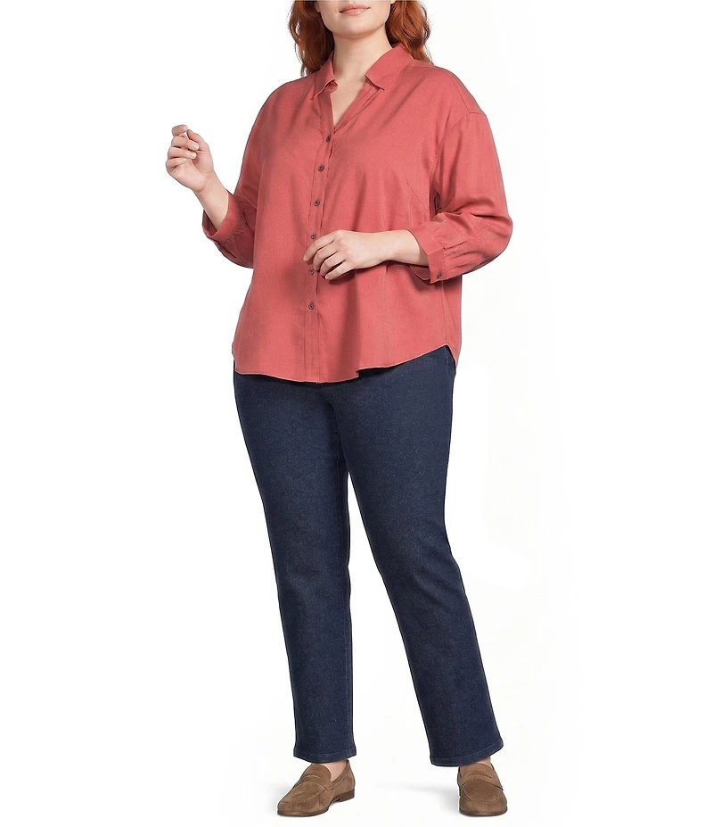 Allison Daley Plus Size 3/4 Sleeve Point Collar Y-Neck Button Front Top