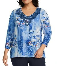 Allison Daley Plus Size 3/4 Sleeve V-Neck Beaded Applique Knit Top