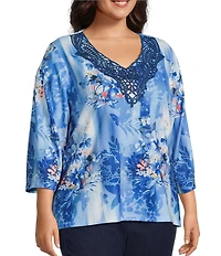 Allison Daley Plus Size 3/4 Sleeve V-Neck Beaded Applique Knit Top