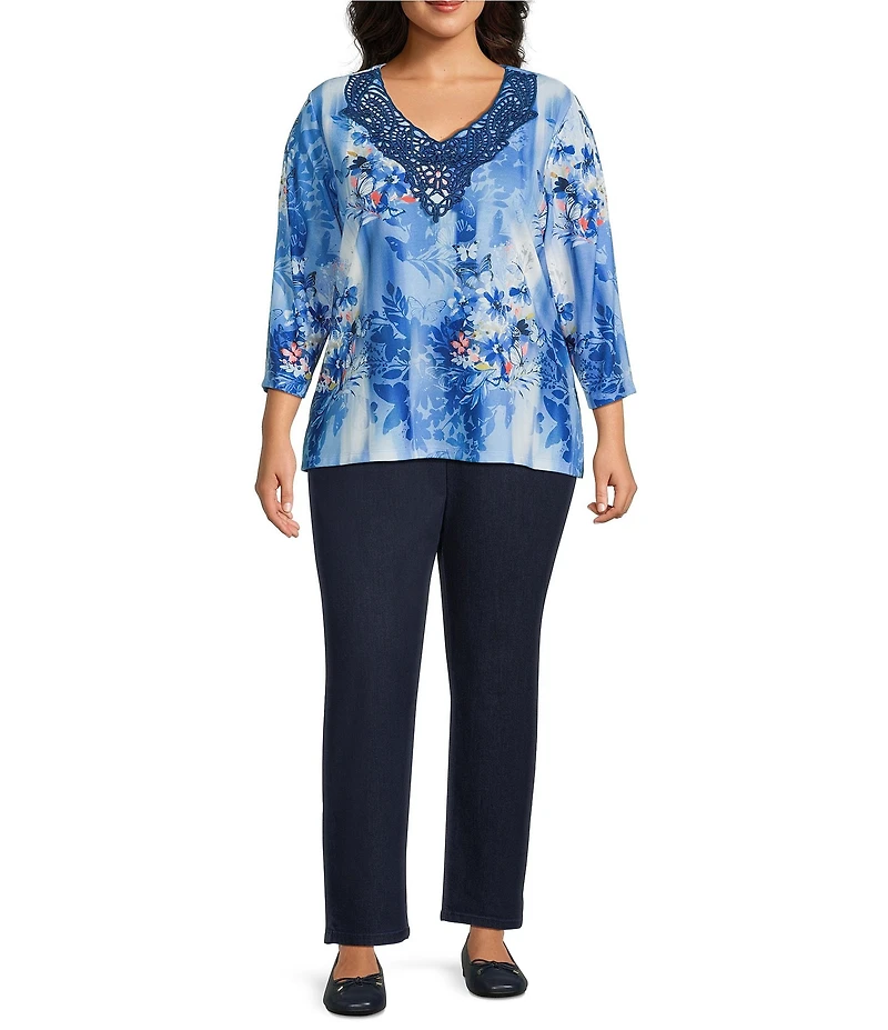 Allison Daley Plus Size 3/4 Sleeve V-Neck Beaded Applique Knit Top