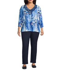 Allison Daley Plus Size 3/4 Sleeve V-Neck Beaded Applique Knit Top