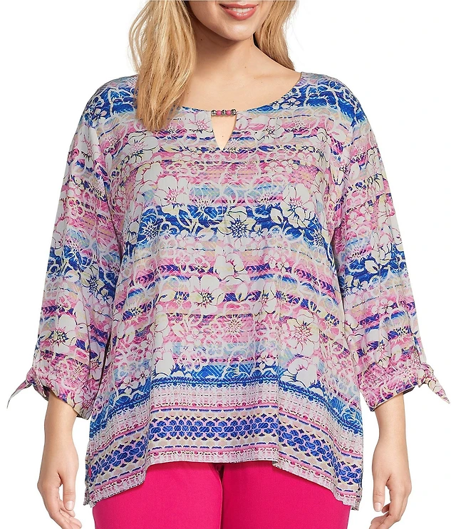 Marina Split 3/4 Sleeve Round Beaded Keyhole Neck Asymmetrical