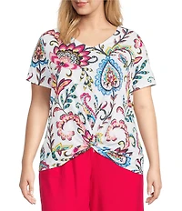 Allison Daley Plus Size Arabesque Floral Print Short Sleeve V-Neck Twist Hem Slub Jersey Knit Top
