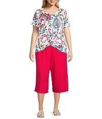Allison Daley Plus Size Arabesque Floral Print Short Sleeve V-Neck Twist Hem Slub Jersey Knit Top