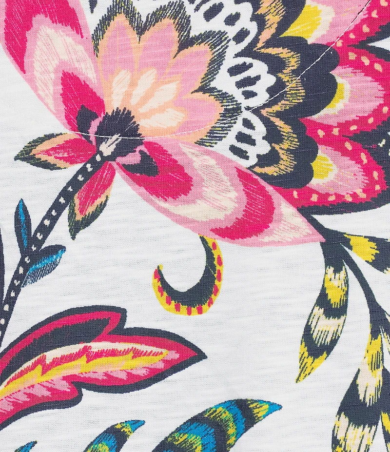 Allison Daley Plus Size Arabesque Floral Print Short Sleeve V-Neck Twist Hem Slub Jersey Knit Top