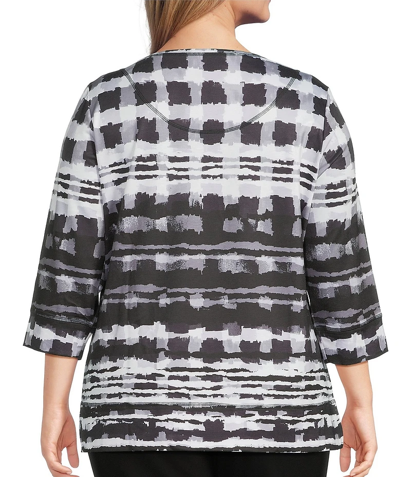 Allison Daley Plus Size Black Abstract Checks Print 3/4 Sleeve Crew Neck Knit Top