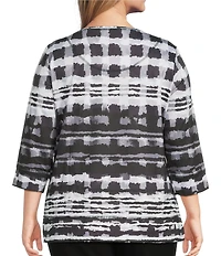 Allison Daley Plus Size Black Abstract Checks Print 3/4 Sleeve Crew Neck Knit Top